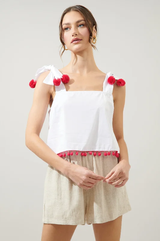 Milagro Tie Strap Cherry Pom Pom Crop Top