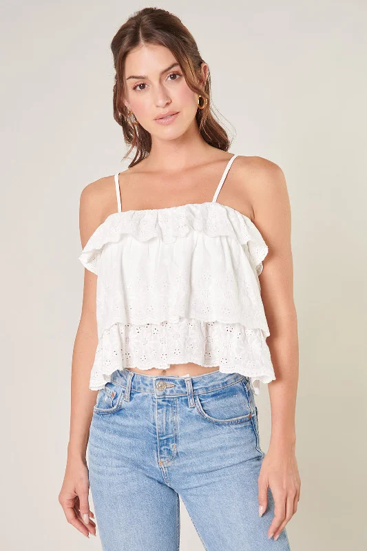 Mitilini Tiered Ruffle Eyelet Crop Top