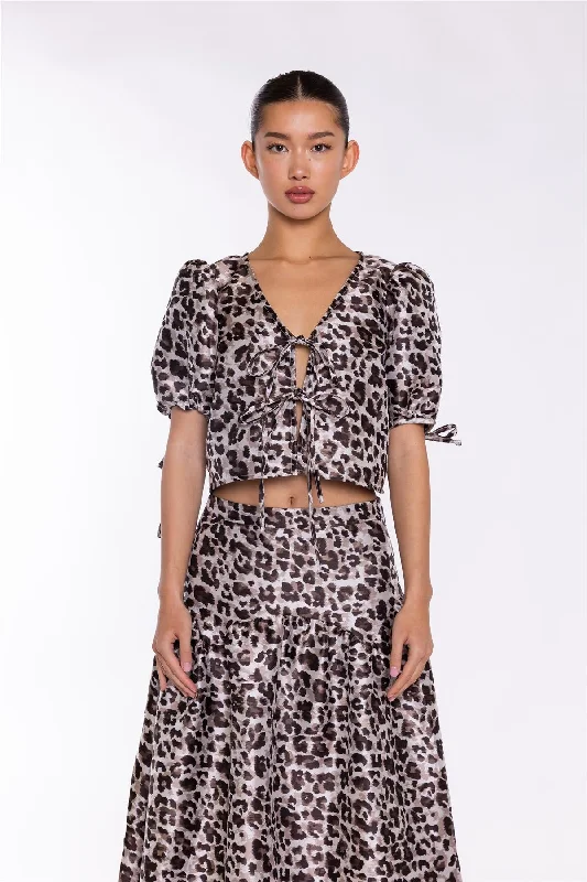 Mocha-Leopard Tie-Front Crop-Top