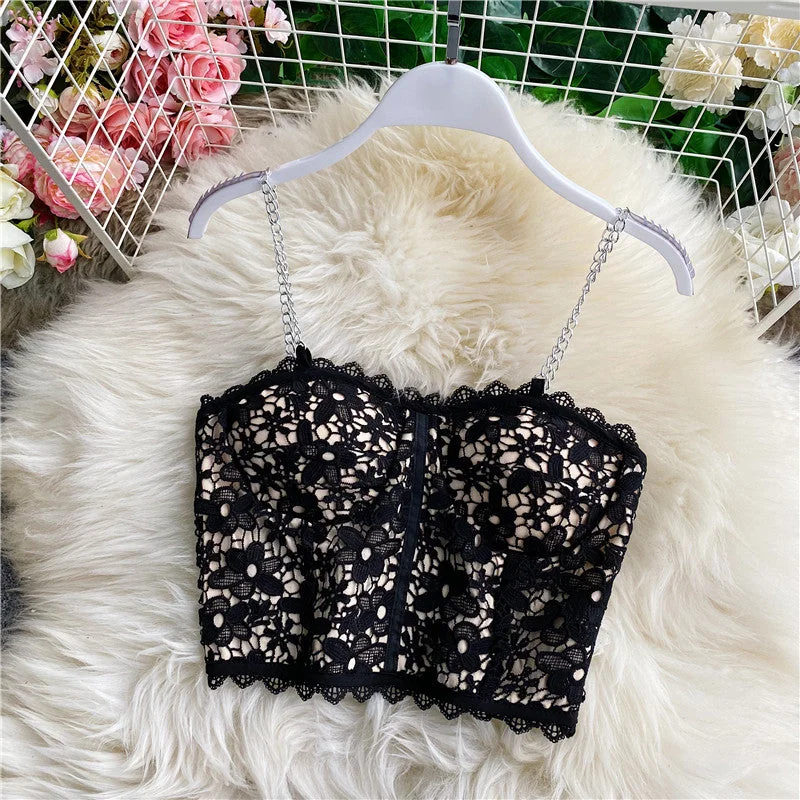 New Lace Tube Top Women Spring Summer Slim Chain Camisole Blouse Sleeveless Vest Crop Short Tops Outerwear T13301X