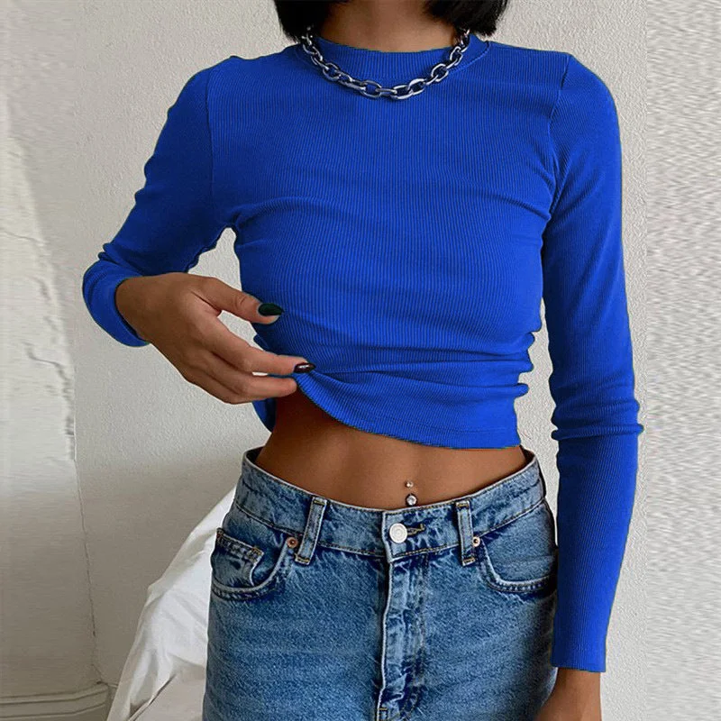 O Neck Long Sleeve Shirt Women Ribbed Sexy Cropped Tops 2021 Spring Black Casual Skinny-Slim-Basic Woman T Shirts White