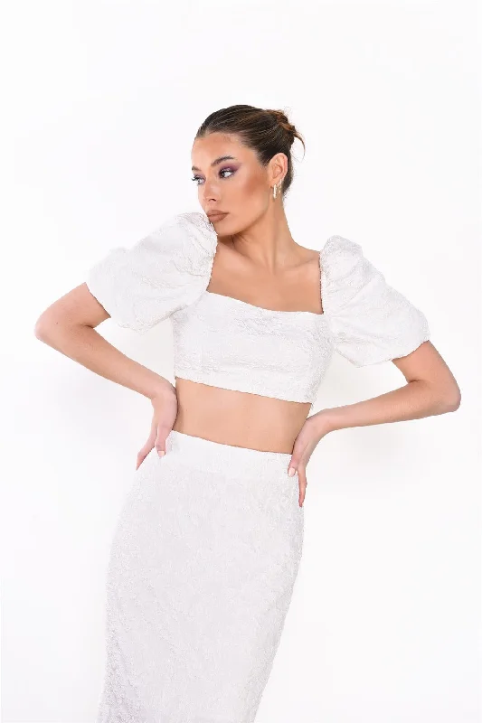 Off-White Jacquard Puff Sleeve Crop-Top