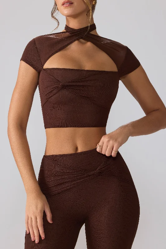 Mesh Cap Sleeve Cut Out Crop Top in Espresso