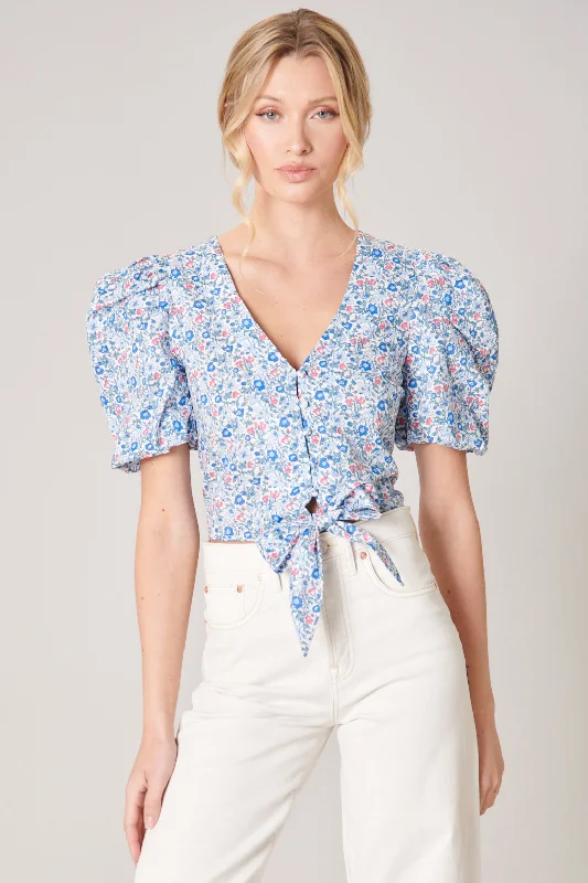 Penelope Puff Sleeve Tie Front Crop Top