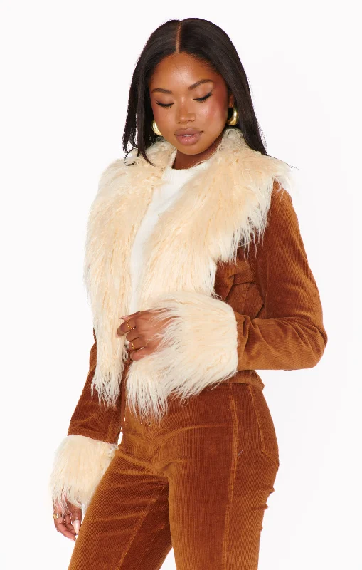 Penny Lane Cropped Coat ~ Saddle Brown Cord w/Faux Fur