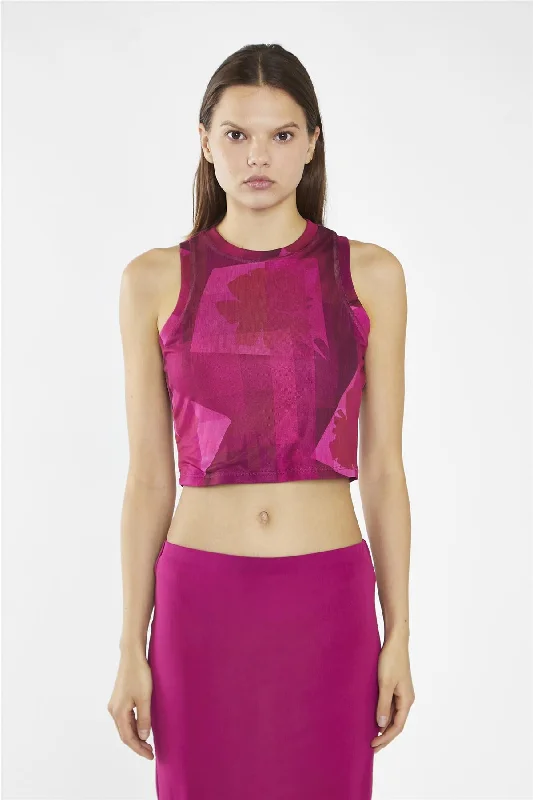 Pink-Block Mesh Racerback Crop-Top