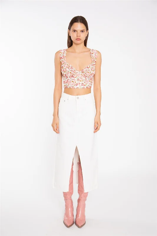 Pink Multi-Floral Lace Ruched Corset Crop-Top