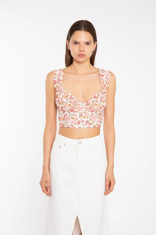 Pink Multi-Floral Lace Ruched Corset Crop-Top