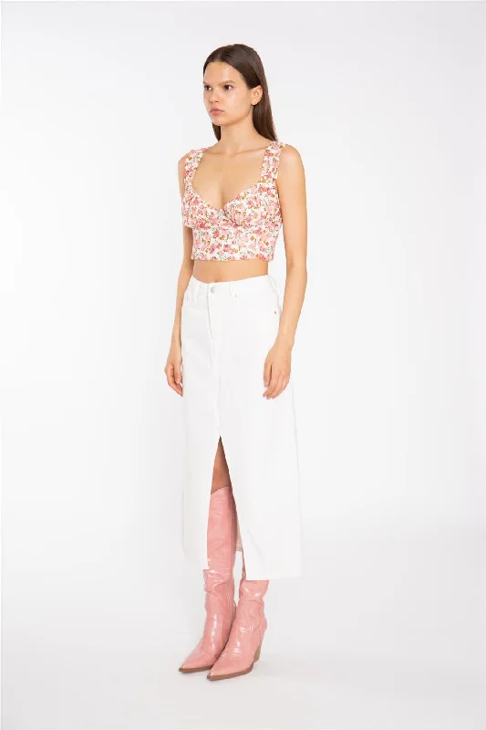 Pink Multi-Floral Lace Ruched Corset Crop-Top