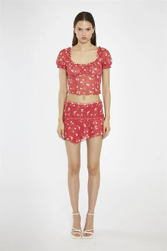 Red Vintage-Floral Milkmaid Crop-Top