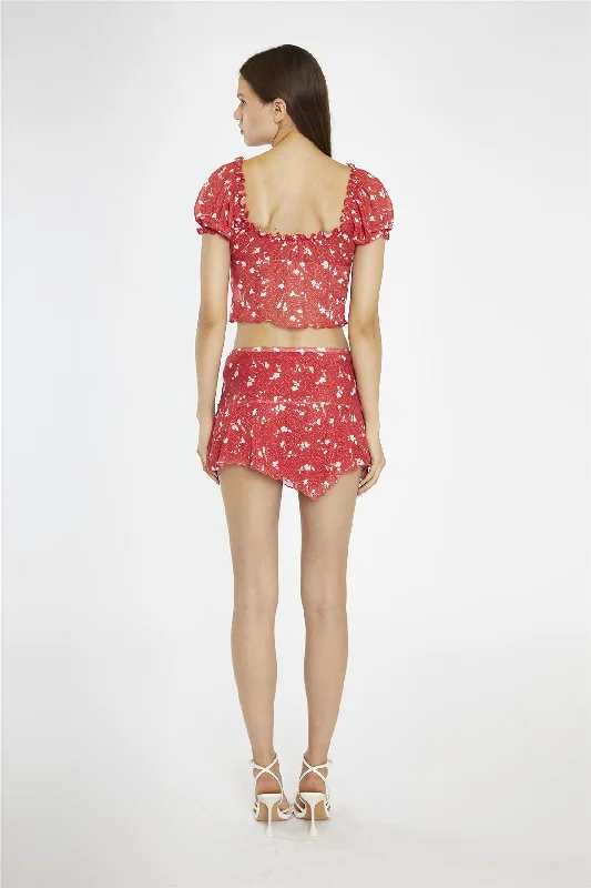 Red Vintage-Floral Milkmaid Crop-Top