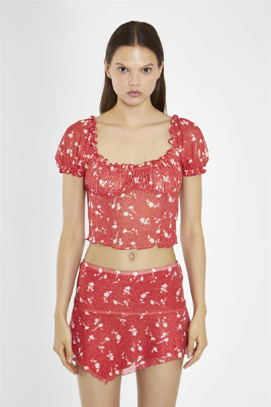 Red Vintage-Floral Milkmaid Crop-Top