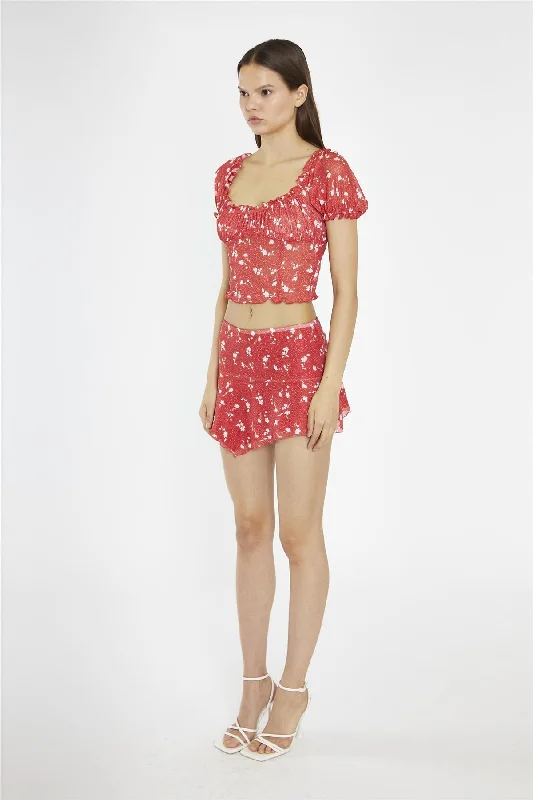 Red Vintage-Floral Milkmaid Crop-Top