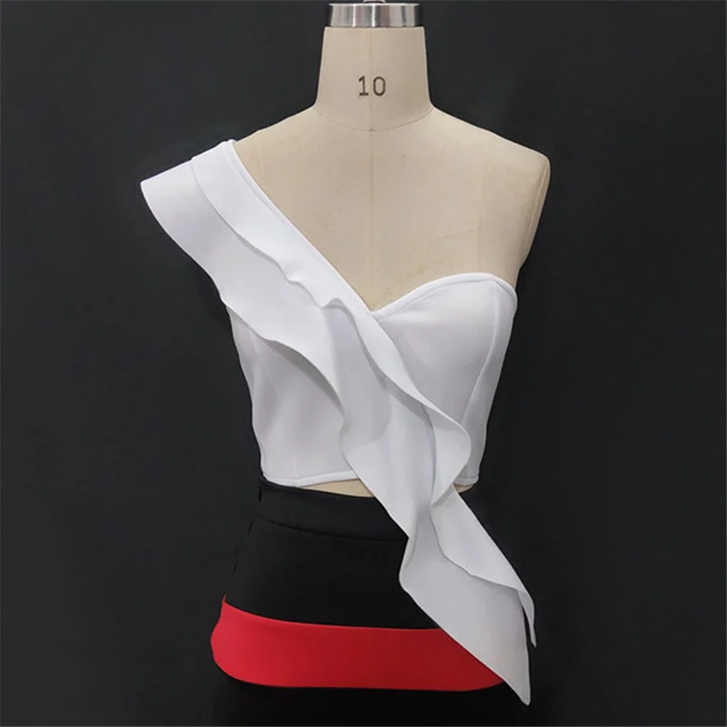 Sexy Ruffle White One Shoulder Patchwork Backless Club Women Crop Tops