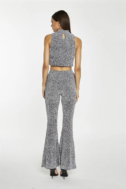 Silver-Sequin Plisse High-Neck Crop-Top