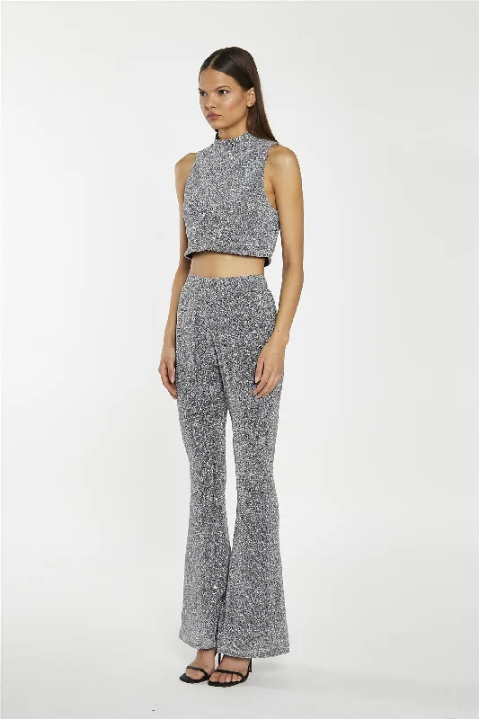 Silver-Sequin Plisse High-Neck Crop-Top