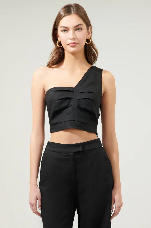 Skylar Pleated Linen One Shoulder Crop Top