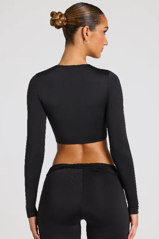 Sheer Panelled Long Sleeve Crop Top in Black