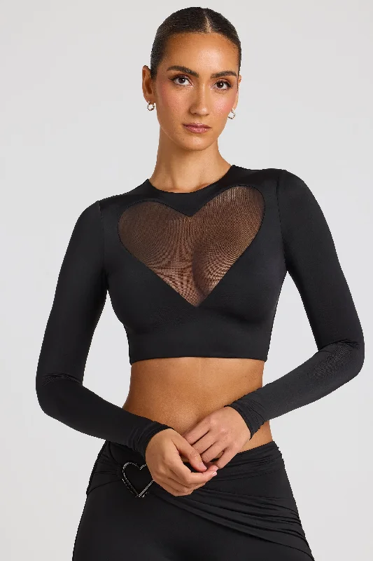 Sheer Panelled Long Sleeve Crop Top in Black