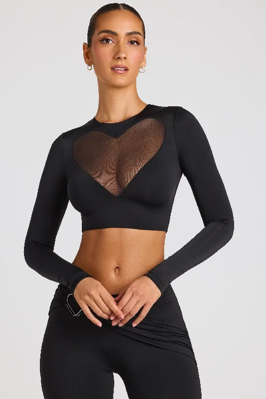 Sheer Panelled Long Sleeve Crop Top in Black