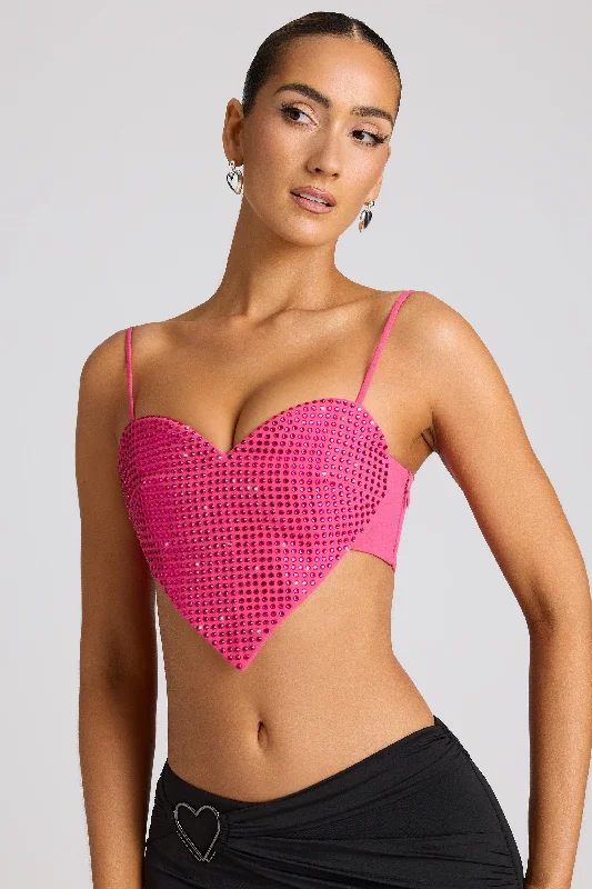 Embellished Heart Detail Crop Top in Magenta