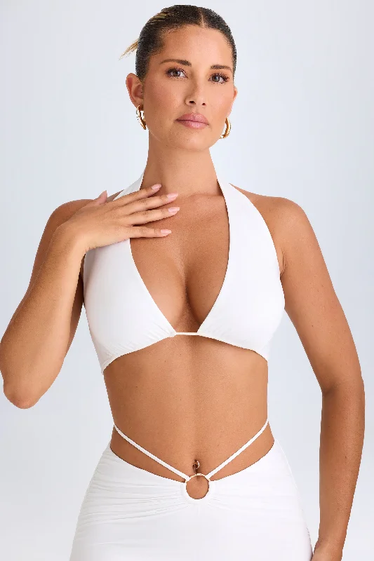 Plunge Hardware-Detail Halterneck Crop Top in White