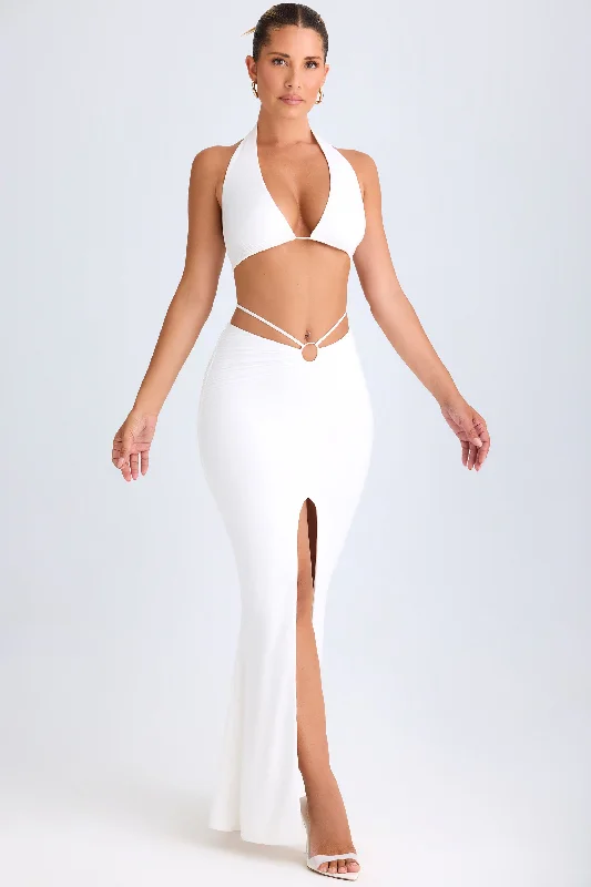 Plunge Hardware-Detail Halterneck Crop Top in White